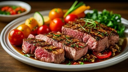 Fototapeta premium Deliciously grilled steak with fresh vegetables ready to be savored