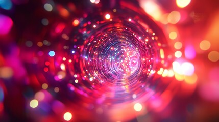 Abstract animation of colorful particles flowing through a neon portal, vibrant red hues with dynamic light circles blooming in fluid motion.