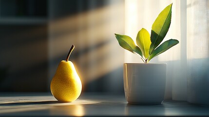  A yellow pear resting beside a white vase brimming with green foliage on a windowsill