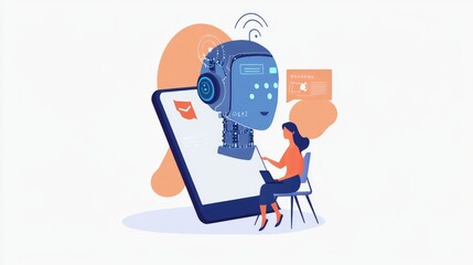 A woman interacts with a robotic AI chatbot on her tablet.