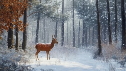 Winter wildlife scene with deer in a snowy forest, gentle snowfall