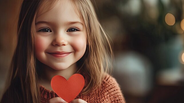 Cute girl smiling while holding a tiny red paper heart, symbolizing kindness and affection.