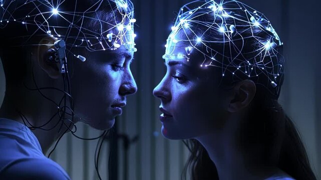 Two women are illuminated by a network of glowing nodes, representing a concept of brain computer interface and the potential of neurotechnology for communication and shared consciousness