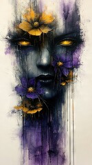   A woman's face adorned with purple and yellow flowers on her face and a yellow blossom parting her lips