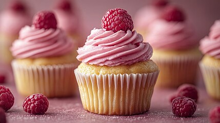 Close-up of delicious looking raspberry cupcakes with swirls of pink frosting, macro, solid background, food photography,