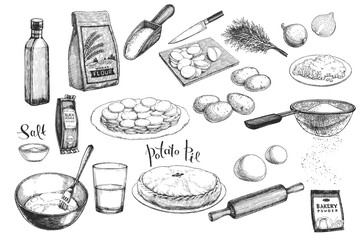 Vector hand-drawn illustration of culinary recipe in engraving style. Sketches of flour, oil, potatoes, onions and other ingredients and equipment for making potato pie.