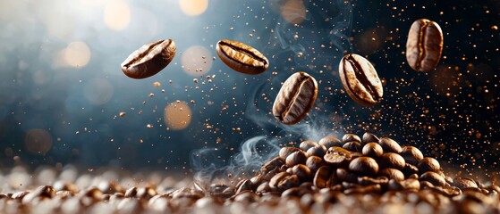  A pile of coffee beans in mid-air, steaming against a dark backdrop, lit by a bokeh of soft focus light