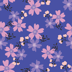 blue seamless vector stock flowers with leaves pattern on cream background