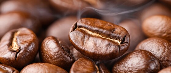 Obraz premium A mound of roasted coffee beans exhaling steam from their tops