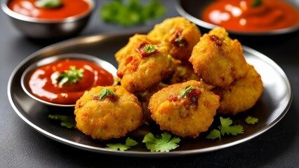 Fototapeta premium Delicious goldenbrown fried food with dipping sauces