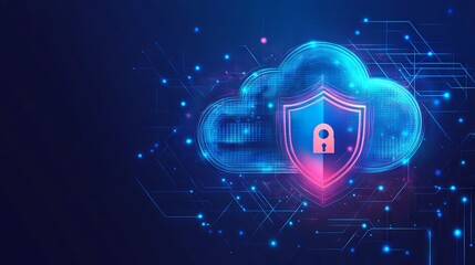 Abstract illustration of cloud security services with a stylized cloud icon and shield symbol, representing data protection and cybersecurity in cloud computing.