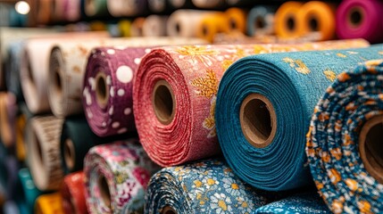 Colorful fabric rolls stacked on top of each other in a market, various patterns on them,