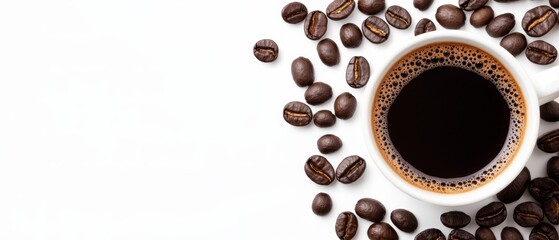 Obraz premium A cup of coffee against a white backdrop, surrounded by roasted beans