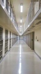 Prison corridor with multiple cells, side view showcasing the repetition and institutional design, realistic detail, isolated on white background