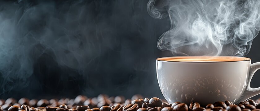  A steaming cup atop java pile - beans encircled