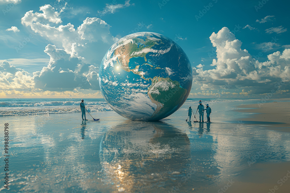 Canvas Prints a beach cleanup crew working on a small stretch of coast, with a large globe reflected in the ocean 