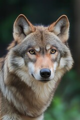 Fototapeta premium A wolf with a close-up view staring forward with an intense and focused gaze against a blurred natural background.