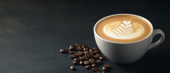  A cappuccino with a floating leaf on top, nearby coffee beans on a black countertop