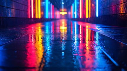 Fototapeta premium corridor with colorful neon lights, reflecting on a wet floor, reflective surface