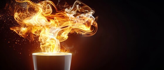  A cup of coffee with flames engulfing the top on a black table against a black background