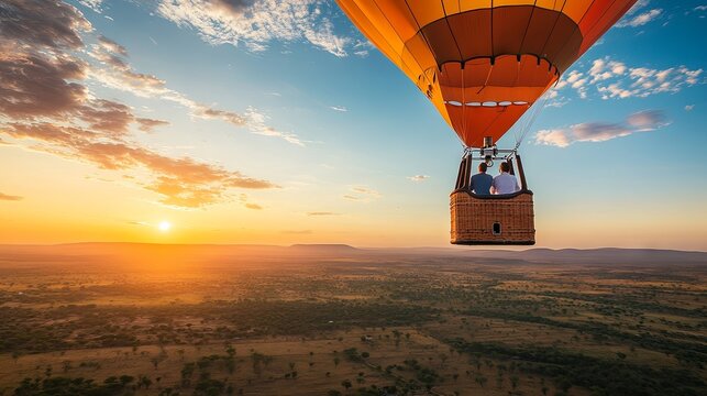 Fototapeta Couple enjoying a hot air balloon ride at sunset, adventure and romance, panoramic views of the landscape.