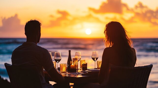 Couple having a romantic dinner by the beach, candlelit table, ocean waves in the background, sunset.
