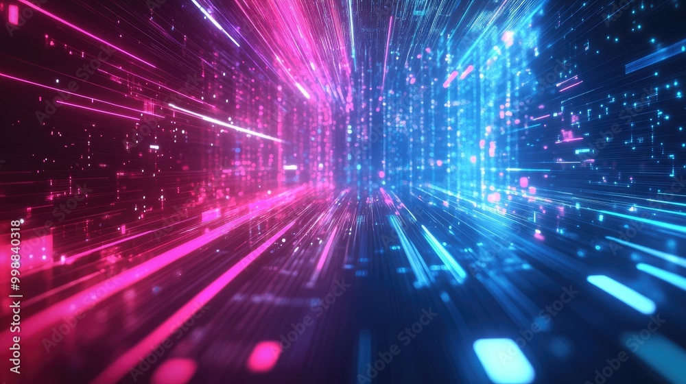 Wall mural abstract digital space with glowing lines and digital data in pink and blue.