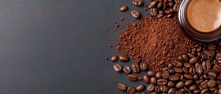  A cup of coffee atop java beans and ground beans against a dark backdrop