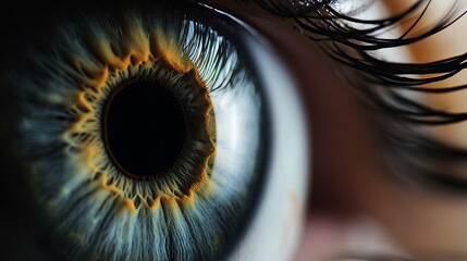 Detailed closeup of a human eye with superimposed circular graphics, highlighting the iris and pupil against a dark backdrop.