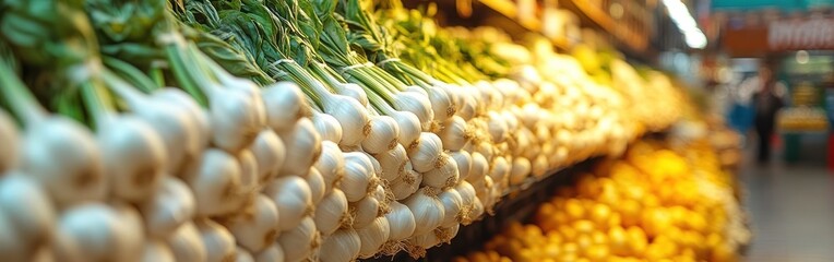 A vibrant display of fresh vegetables invites shoppers in a lively market setting