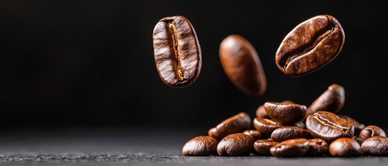 Obraz premium A heap of roasted coffee beans cascading onto another heap on a gray surface, against a black backdrop