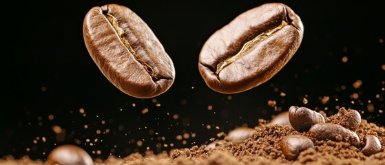  A few coffee beans dropping onto a stack of three piles of coffee beans