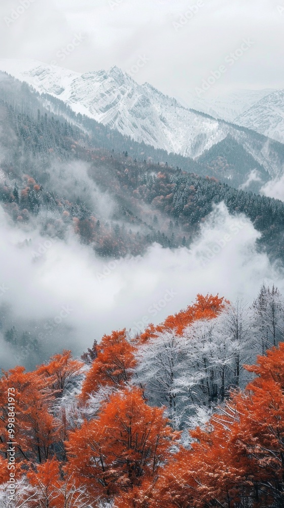Poster a mountain range covered in snow and trees with orange leaves