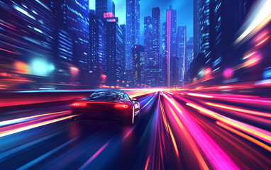 Obraz premium A vibrant, futuristic city illuminated by neon lights, with a speeding car leaving light trails, symbolizing technology, urban life, and fast-paced progress. 