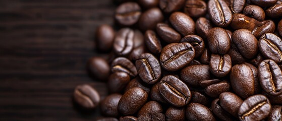 Fototapeta premium A wood table holds a mug of coffee and a stack of roasted beans