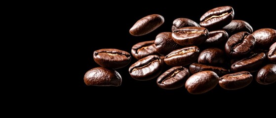 Obraz premium A stack of coffee beans atop a black tabletop, two piles nestled within one another