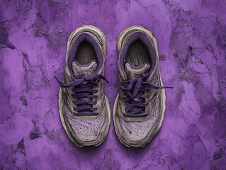 Worn running shoes on textured purple background, AI generated