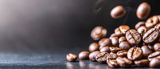 Obraz premium A heap of roasted coffee beans emitting smoke from their summit on a black backdrop against a gray background