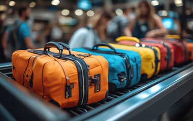 Fototapeta premium Travelers are retrieving colorful bags from the baggage claim area at the airport