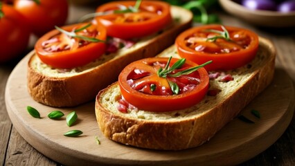  Freshly sliced tomatoes on rustic bread ready to be savored