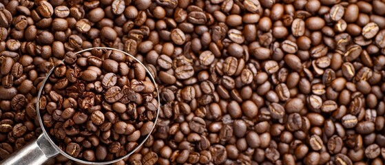 Fototapeta premium A magnifying glass hovering over a mound of coffee beans against a backdrop of more beans