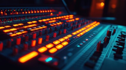 A vibrant close-up of an illuminated audio mixing console in a recording studio, showcasing colorful dials, switches, and LED indicators.