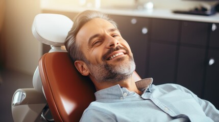 A man is smiling with his eyes closed in a dental chair