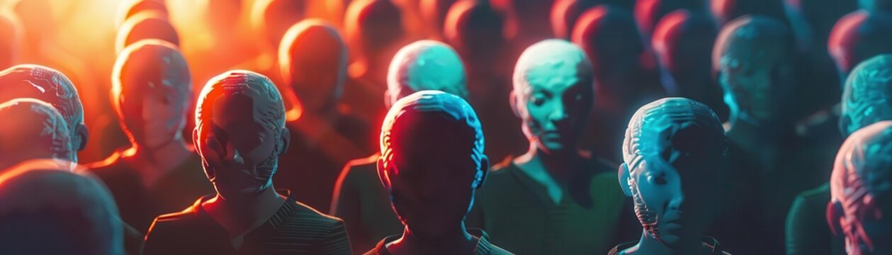 Group of faceless avatars ganging up on a single user in a digital world, representing online group bullying