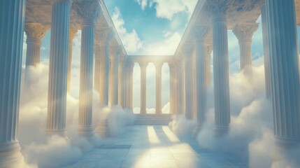 Majestic ancient columns rise through the clouds.