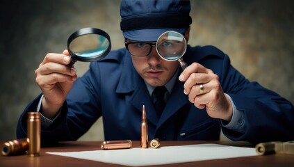 focus on the bullet through the magnifying glass represents meticulous criminal investigation