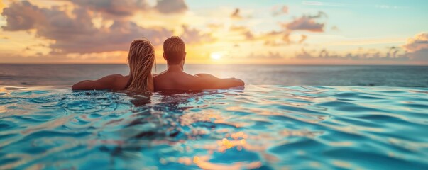 Couple relaxing in an infinity pool with breathtaking ocean views during a romantic tropical getaway. Free copy space for banner.