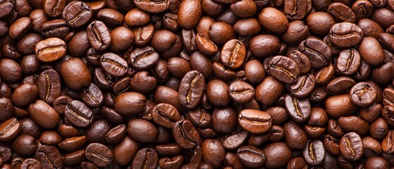 Obraz premium A mound of roasted coffee beans, brown in color and split open to reveal their interior