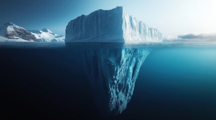 A towering iceberg floats in calm Arctic waters, with its massive underwater portion visible.