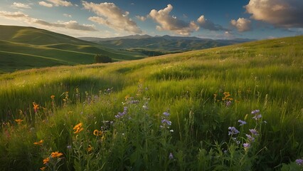 Serene rolling hills with wildflowers under a dramatic cloudy sky at golden hour